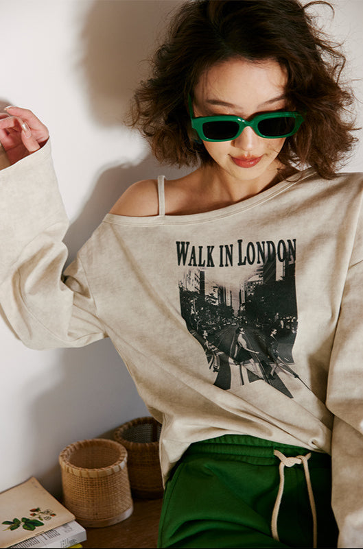 モノクロプリント ワンショルダー長袖Tシャツ
