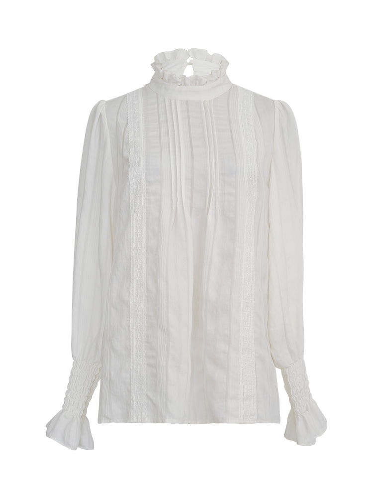 スタンドフリルカラーホワイトブラウス
