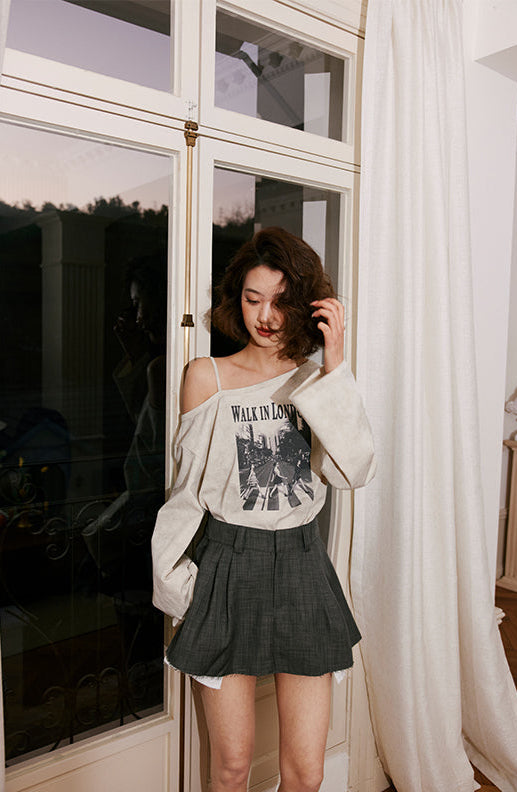モノクロプリント ワンショルダー長袖Tシャツ