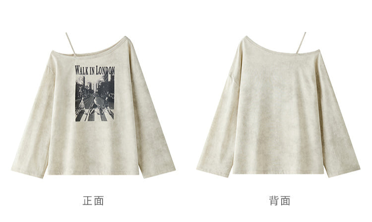 モノクロプリント ワンショルダー長袖Tシャツ