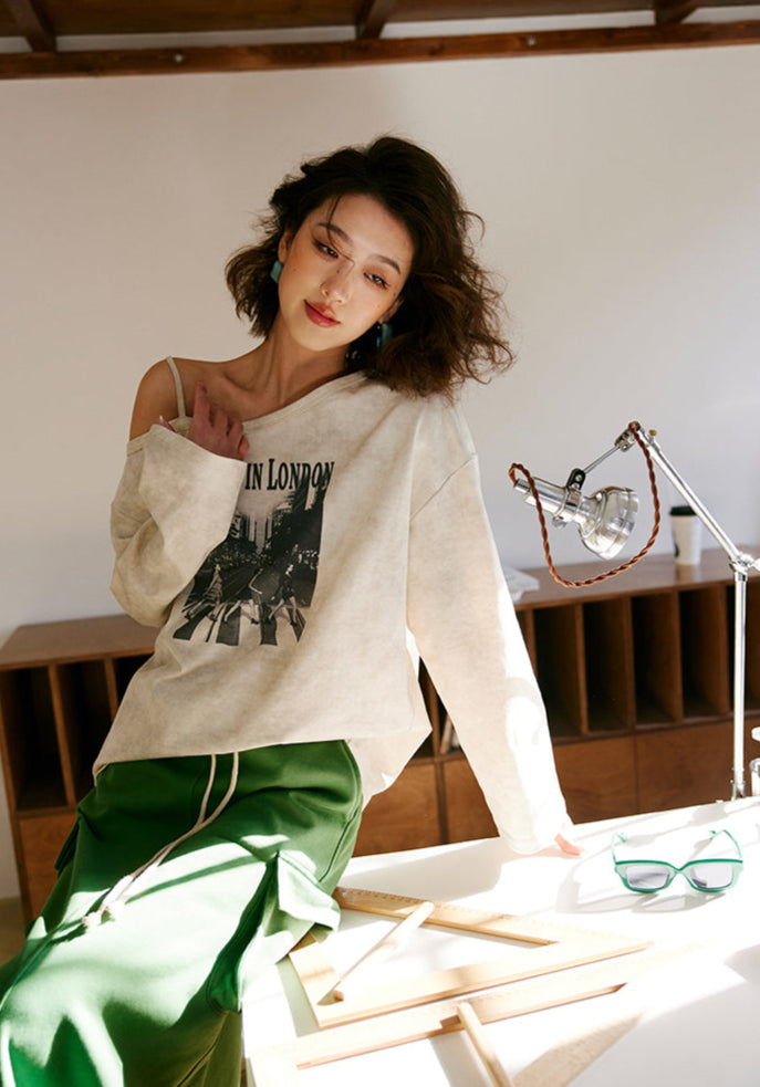 モノクロプリント ワンショルダー長袖Tシャツ