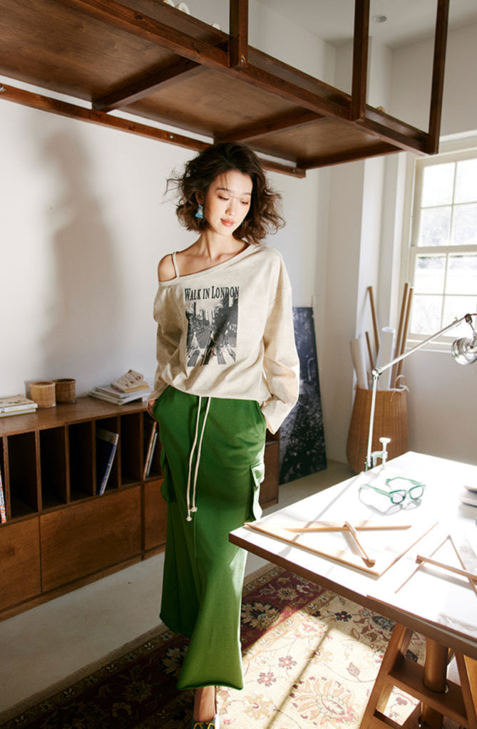 モノクロプリント ワンショルダー長袖Tシャツ