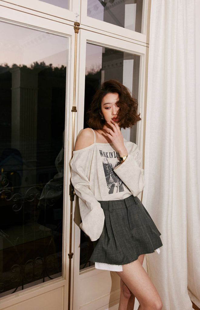 モノクロプリント ワンショルダー長袖Tシャツ