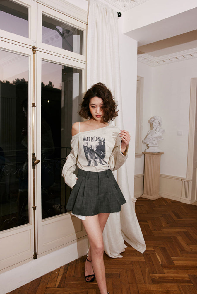 モノクロプリント ワンショルダー長袖Tシャツ