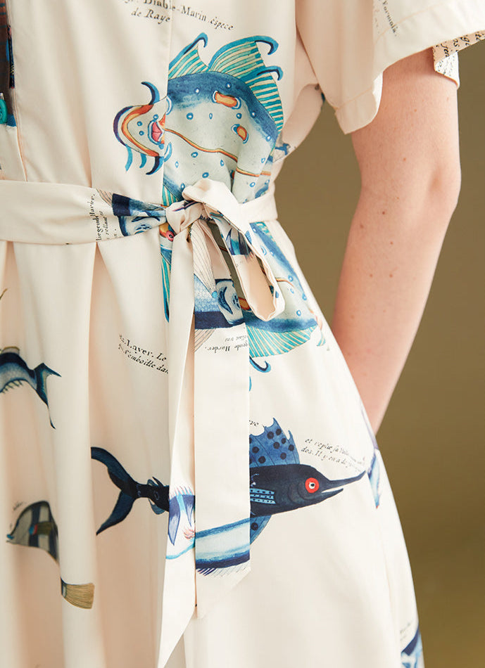 魚プリント ヴィンテージ風ワンピース