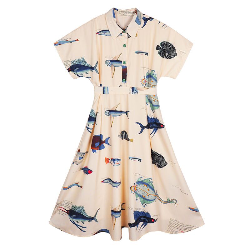 魚プリント ヴィンテージ風ワンピース