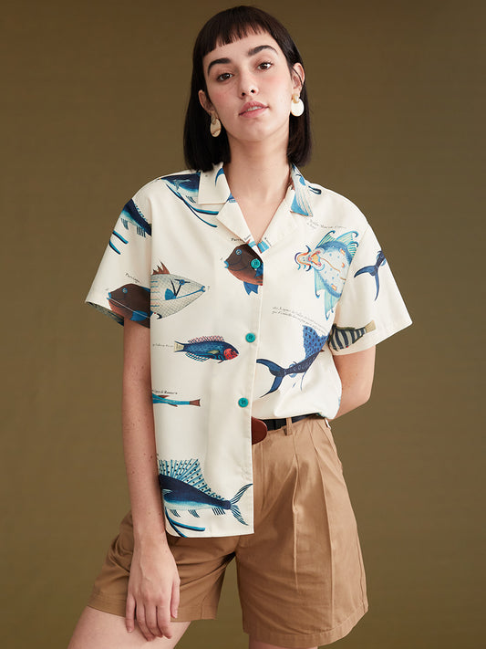 魚プリント ヴィンテージ風Vネックシャツ