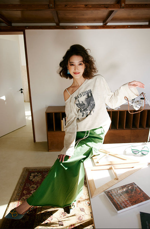 モノクロプリント ワンショルダー長袖Tシャツ