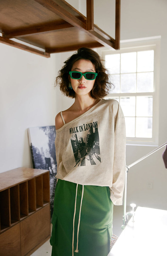 モノクロプリント ワンショルダー長袖Tシャツ