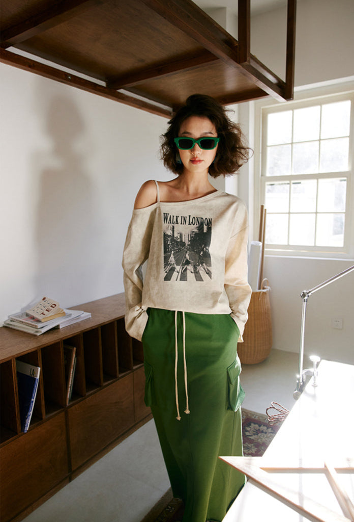 モノクロプリント ワンショルダー長袖Tシャツ