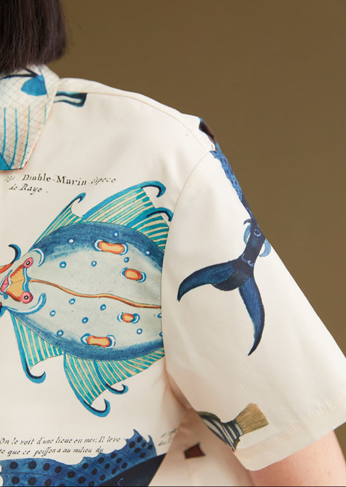 魚プリント ヴィンテージ風Vネックシャツ