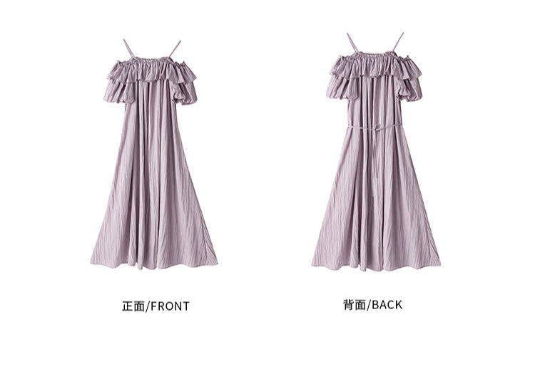 フリルオフショルダーパープルワンピース